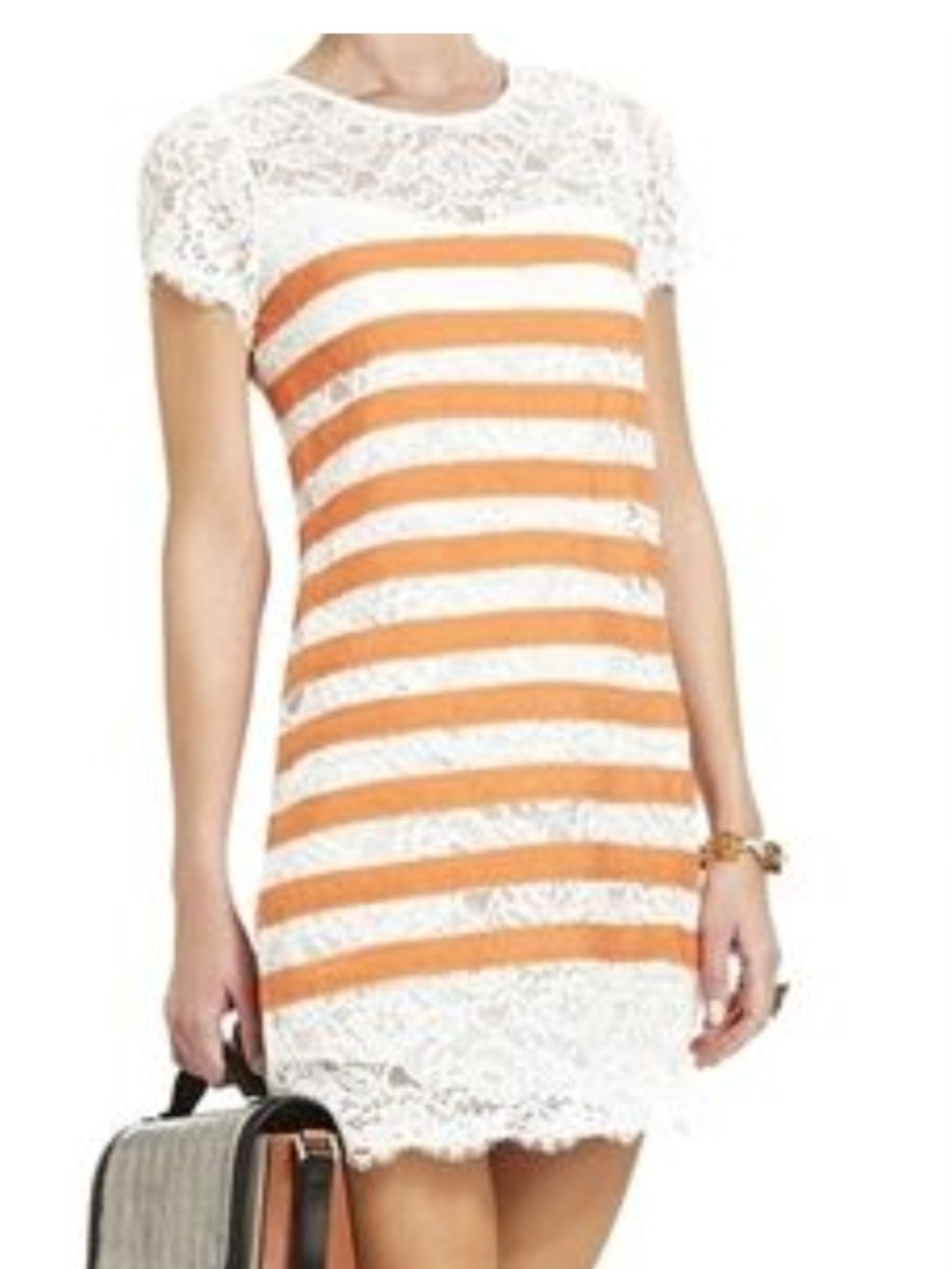 BCBGMaxAzria Orange and Cream Lace-Striped Mini Dress. Removable Lining. Sizs S.